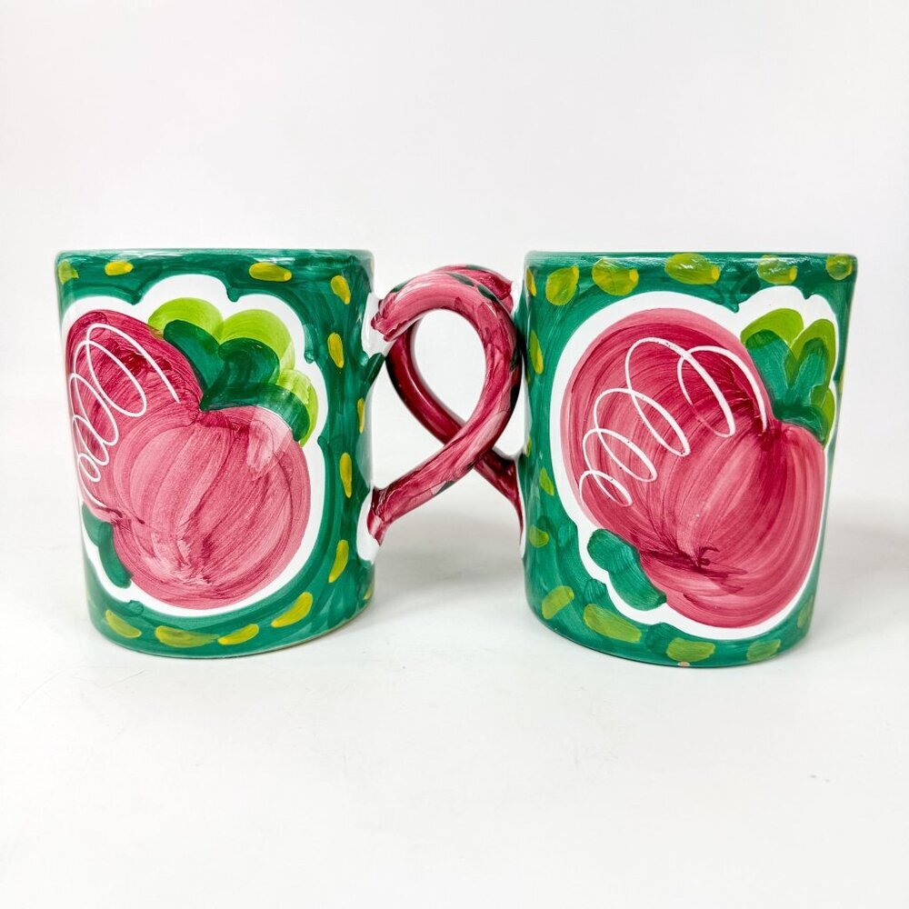 Ceramiche Sberna Deruta Italy Hand-Painted Fruit Mugs Cups Set Of 2 Pink Green - Picture 3 of 6